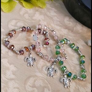 3 Silver & Crystal Stretch Bracelet-Turtle Charms